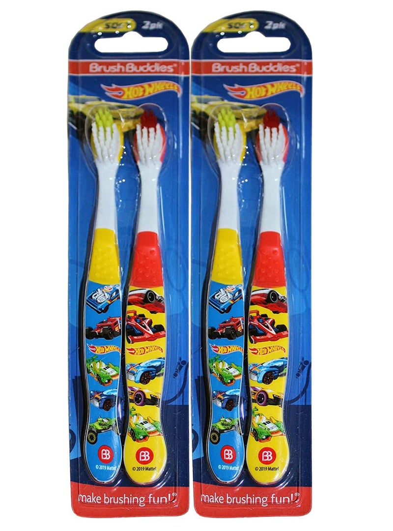 Brush Buddies Hot Wheels Toothbrushes for Kids, Soft Bristle Childrenâ€™s Toothbrush Set, Fun Hot Wheels Designs, 4-Count Hot Wheels Toothbrush Set 4 Toothbrushes Childrens Soft Bristle
